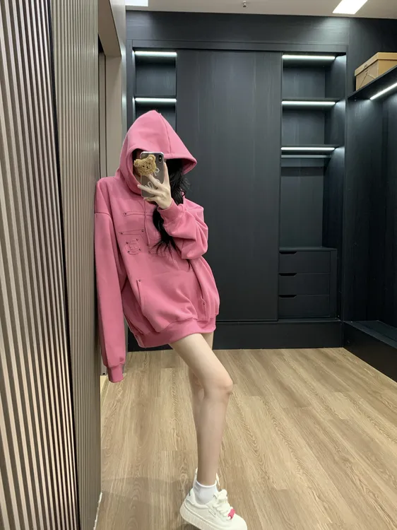 网红洋气炸街粉色连帽卫衣女秋冬韩版慵懒风贵气宽松百搭显瘦外套