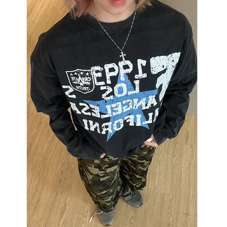 【街头五星】美式休闲设计感小领口宽松字母印花长袖T恤hiphop潮