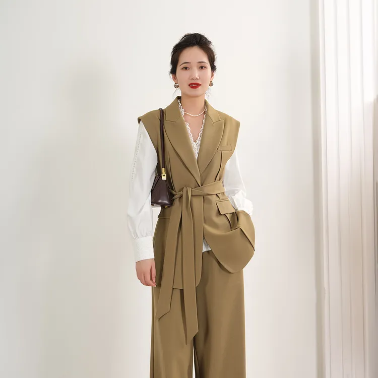 EKNR醋酸+天丝设计感休闲马夹显瘦复古无袖系带百搭马甲上衣外搭