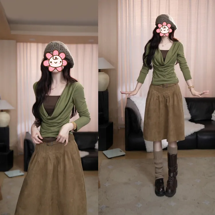 网红洋气炸街套装女2025秋季小众复古撞色拼接荡领T恤百褶半身裙