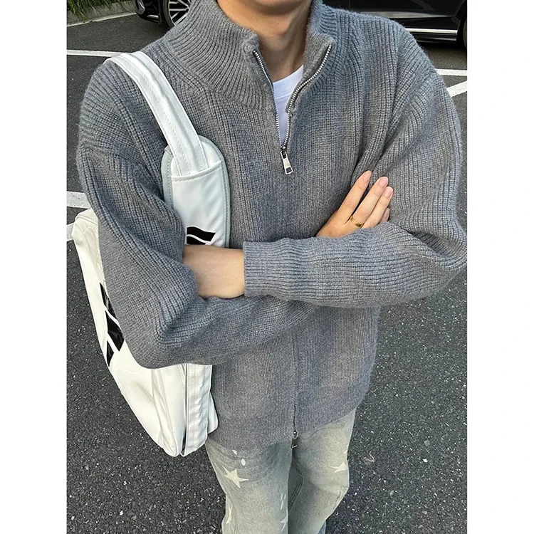 美式立领开衫毛衣外套男女同款慵懒风拉链针织衫cleanfit休闲夹克