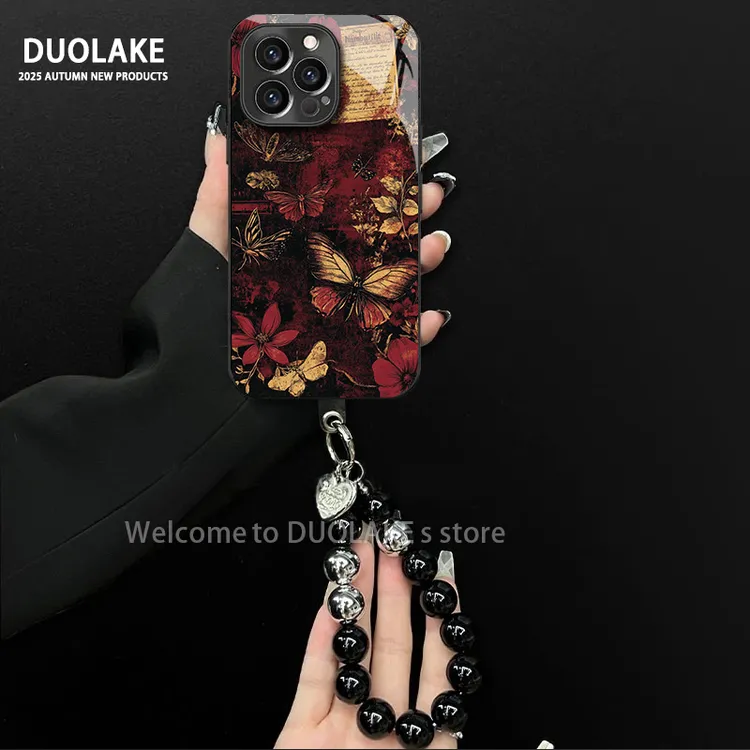 适用于苹果/oppo/华为/vivo/小米复古蝴蝶电镀玻璃手链防摔手机壳