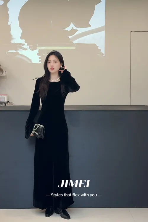 JIMEIF 轻柔百分百真丝丝绒高级感气质喇叭袖秋款长袖连衣裙