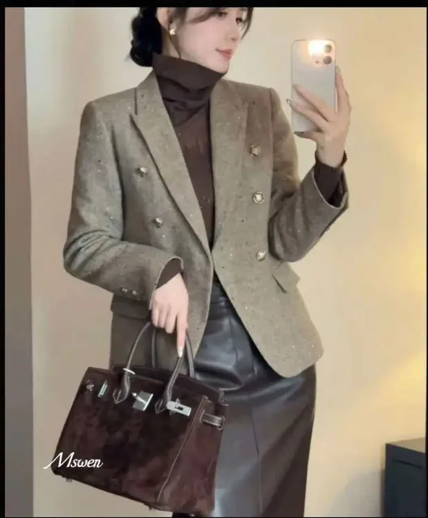 软风~秋季设计感羊毛双排扣戗驳领加羊毛棉西装外套女