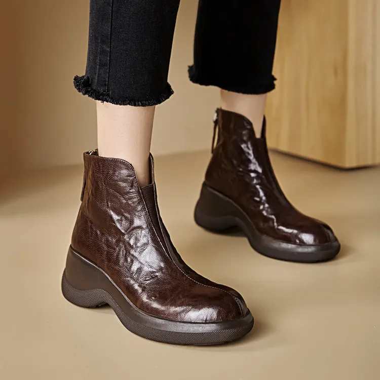 踩屎感真皮厚底松糕鞋子初秋短靴女2025新款春秋单靴英伦风马丁靴