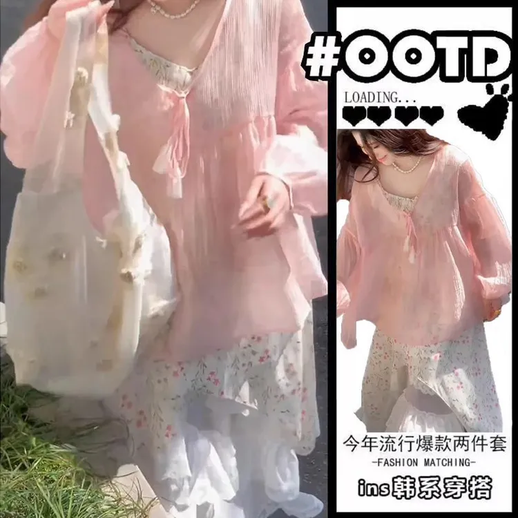 春季氛围感穿搭套装女2025新款温柔风上衣搭法式碎花连衣裙两件套