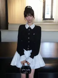 法式新款小个子甜美撞色假两件针织开衫毛衣+高腰半身裙两件套装