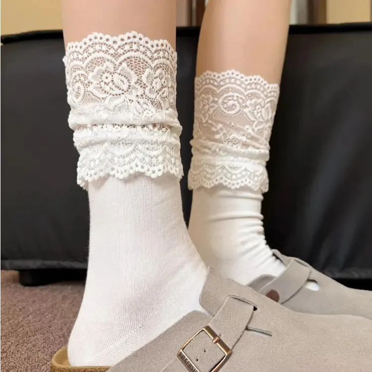 袜子女秋季百搭白色拼接蕾丝花边中筒甜美少女芭蕾风堆堆袜靴袜