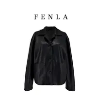 【惠姐私服】气质翻领短款皮衣外套复古女郎简约时髦夹克 85030