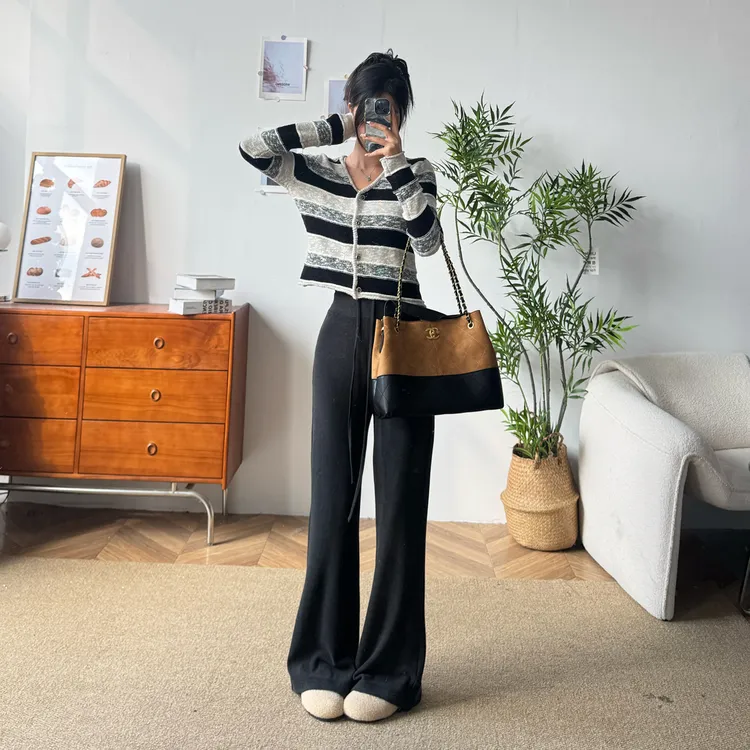 语宸秋冬高腰针织微喇休闲裤女显瘦显高时尚宽松百搭抽绳设计长裤