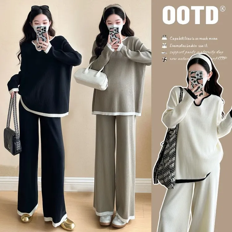 2025春季新款套装孕妈V领撞色拼接针织慵懒气质时尚宽松两件套装