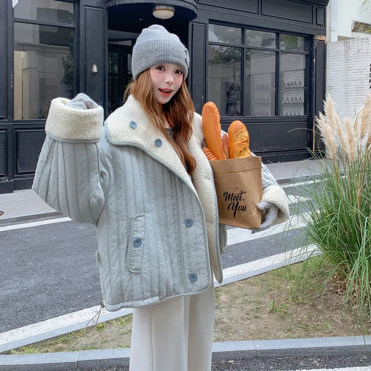 浅蓝色两面穿羊羔毛外套女小个子2025冬新款韩版加厚减龄外套冬季