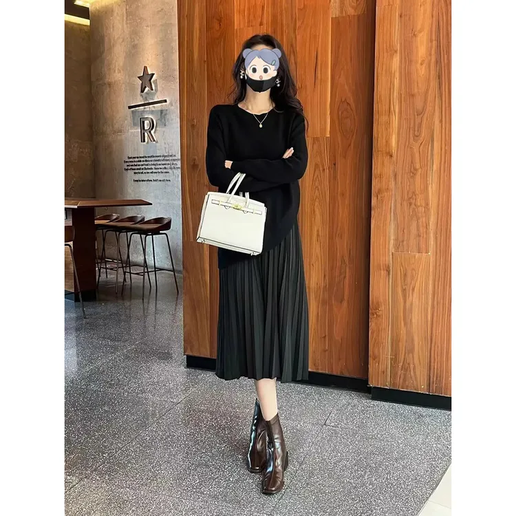 大码女装秋冬时尚设计感假两件针织连衣裙胖妹妹遮肉显瘦打底裙子