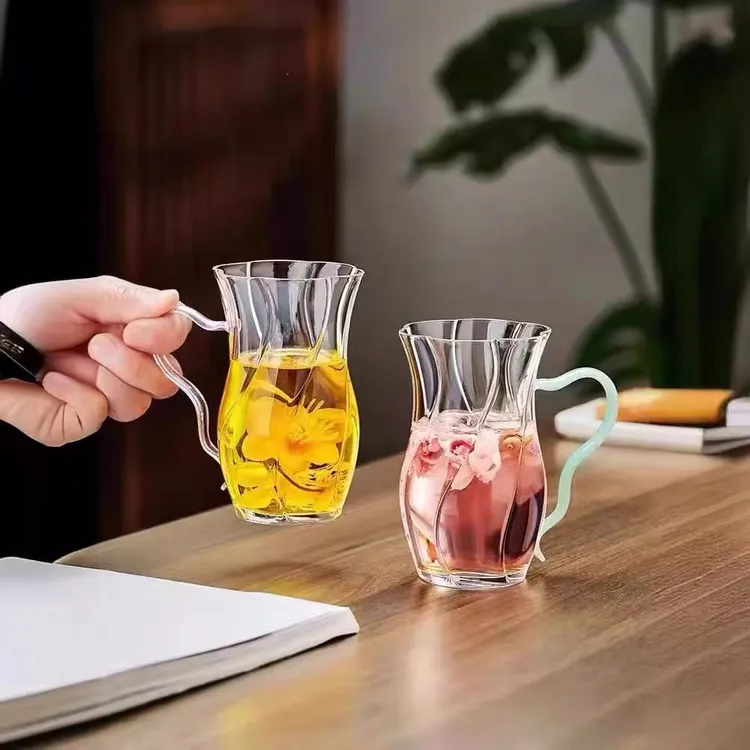 高颜值茶杯耐热玻璃绿茶杯花茶杯家用办公室创意带把女士喝水杯