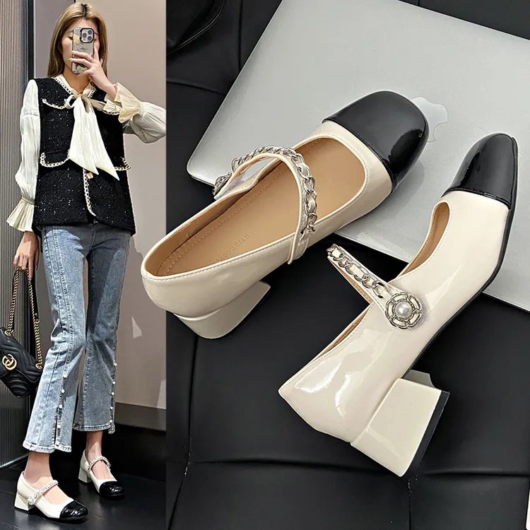 玛丽珍鞋子女2025年新款早春珍珠单鞋粗跟中跟通勤小皮鞋秋法式