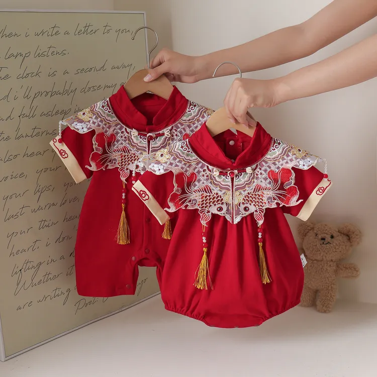 夏季爬服春季宝宝公主婴儿哈衣连体礼服喜庆红色百天男女礼服哈衣