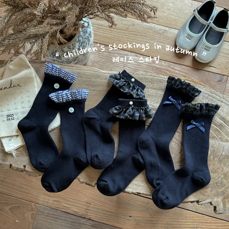 女童秋冬新款芭蕾风公主风miu系藏青色系花边中筒设计感JK潮袜