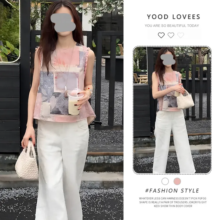 法式复古民族风印花无袖上衣女2025夏季新款蕾丝拼接休闲裤两件套