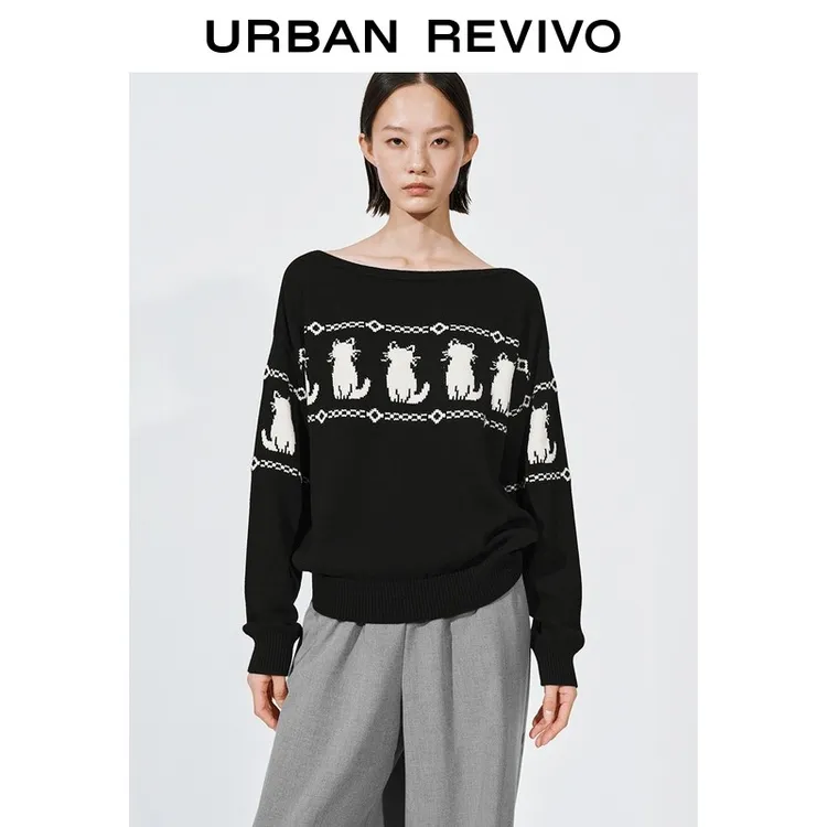 UR2026春季新款女装休闲萌宠猫咪提花一字领针织衫UYY960003