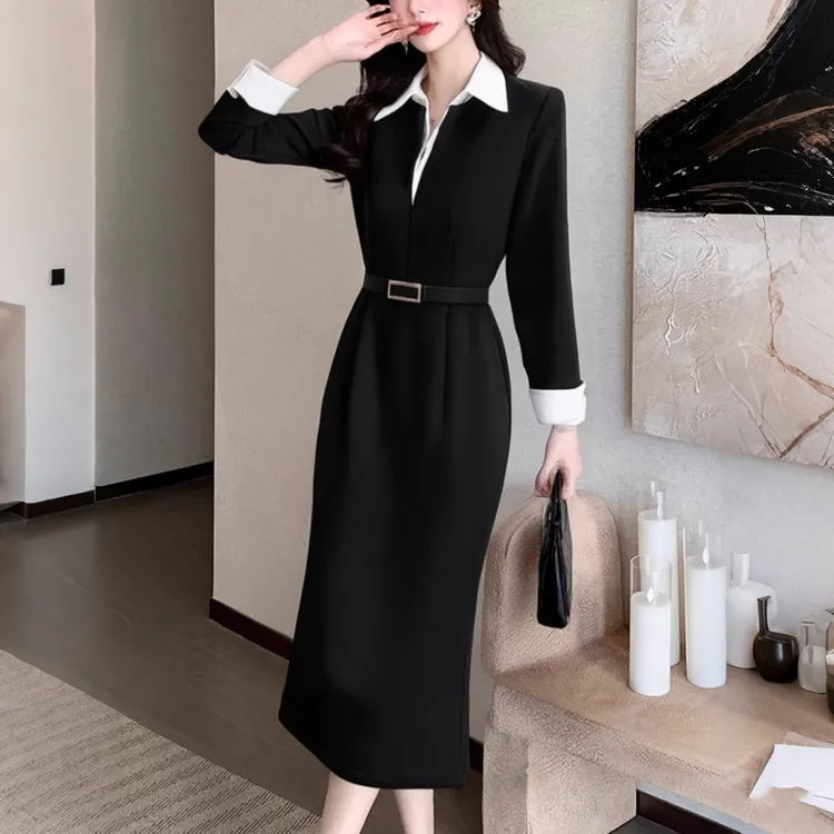 【送腰带】2025春季新款时尚通勤设计感撞色衬衫领黑色西装裙D0500