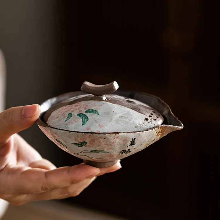 虎井窑手绘美满小扁盖碗创意老岩泥复古日式粗陶功夫茶具泡茶碗