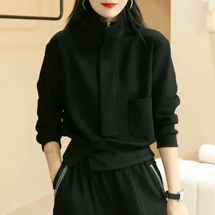 韩版时尚立领长袖卫衣女2025早秋新款轻奢高端小众设计感大码上衣