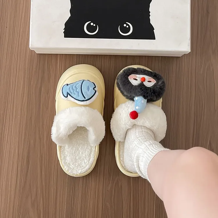 可爱卡通帽子企鹅小鱼2025秋冬新款外穿防滑可拆卸棉拖鞋包头拖鞋