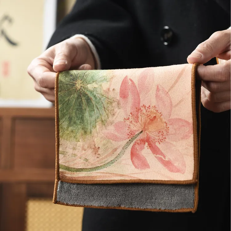 (宠粉福利)荷花图轻奢家用加厚茶垫复古吸水茶巾高档古风布垫
