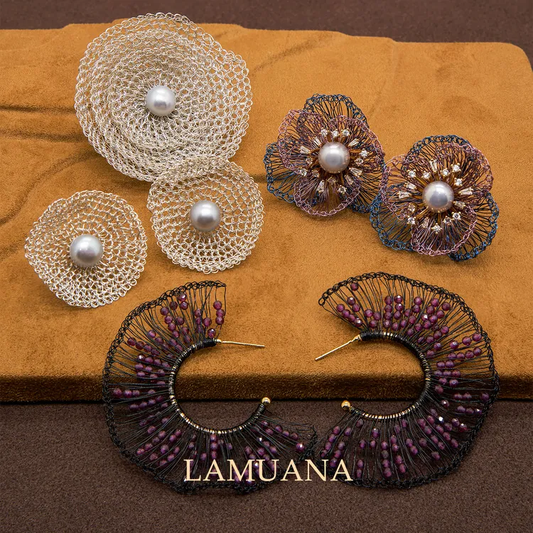 合金耳饰 LAMUANA金属编织花系列小众设计感复古花朵夸张气质耳钉