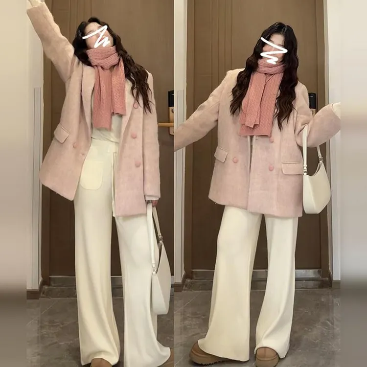 西装领粉色呢子大衣女秋冬季2025新款高级感宽松加厚短款毛呢外套