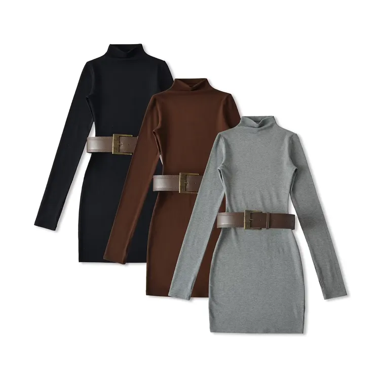 1613灰色半高领长袖连衣裙女秋冬紧身内搭打底裙修身显瘦包臀短裙
