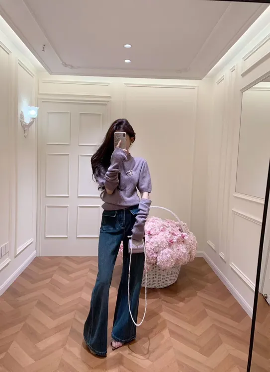 半高领紫色袖套毛衣女士秋冬新款高级感内搭打底针织衫牛仔裤套装