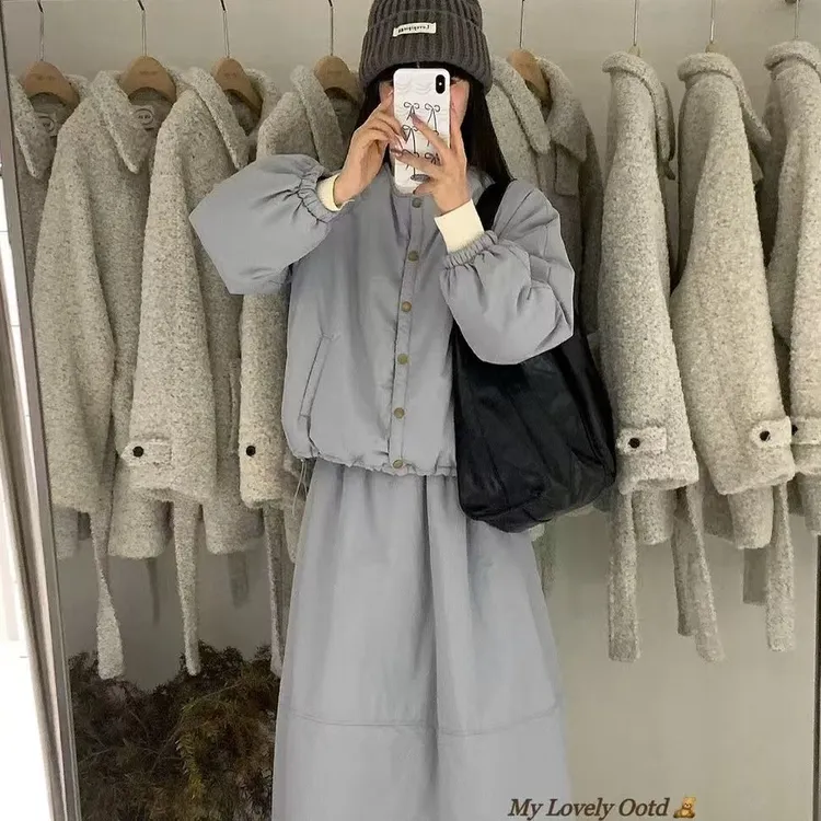 2025年冬季新款设计感两件套圆领韩系宽松棉服+半身裙套装女8237