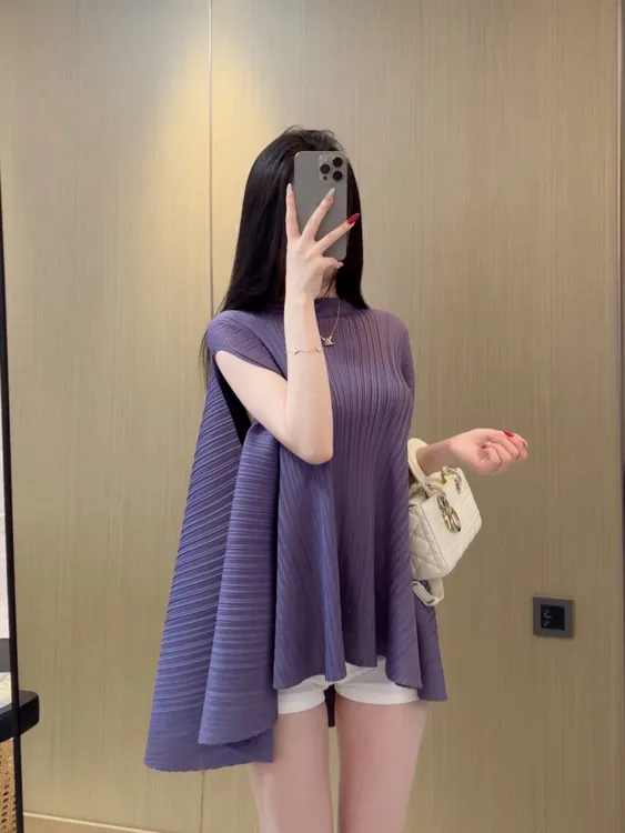 紫色雪纺衫褶皱小众设计感女夏季新款气质宽松斗篷百搭短袖上衣潮