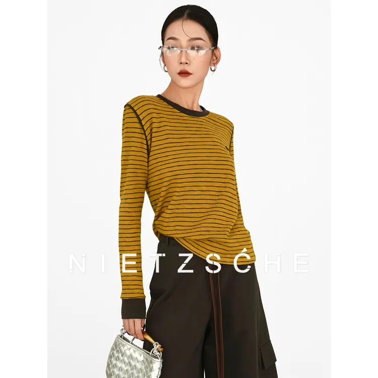 尼采 官方直营｜瘦瘦条纹打底衫｜撞色条纹显白显瘦女装T恤62089