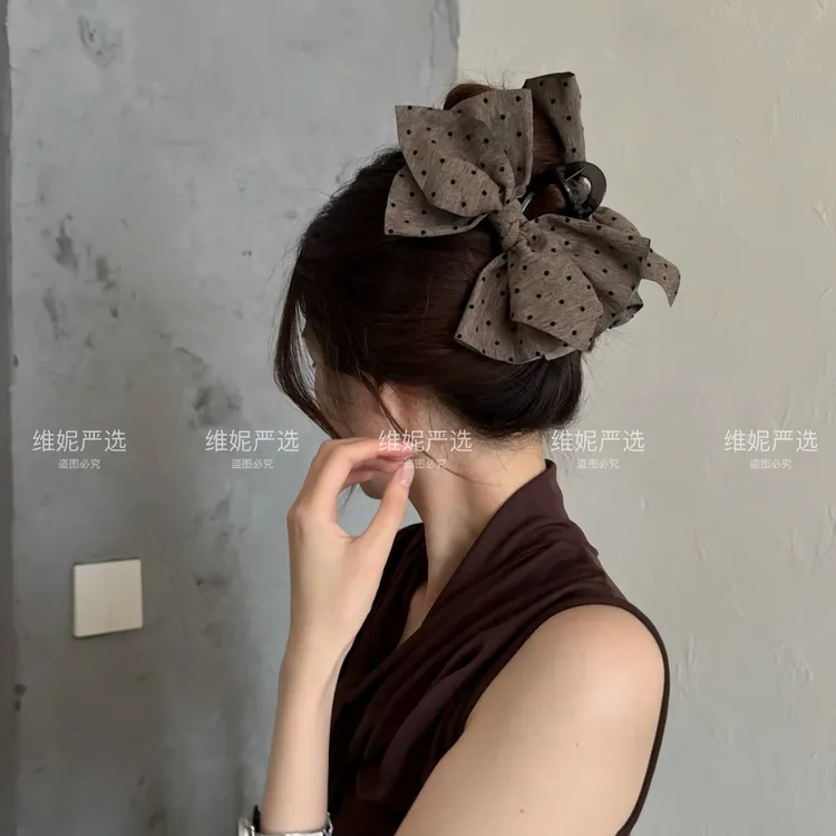 森系极简风波点蝴蝶结不规则高级丸子头后脑勺高马尾大号抓夹