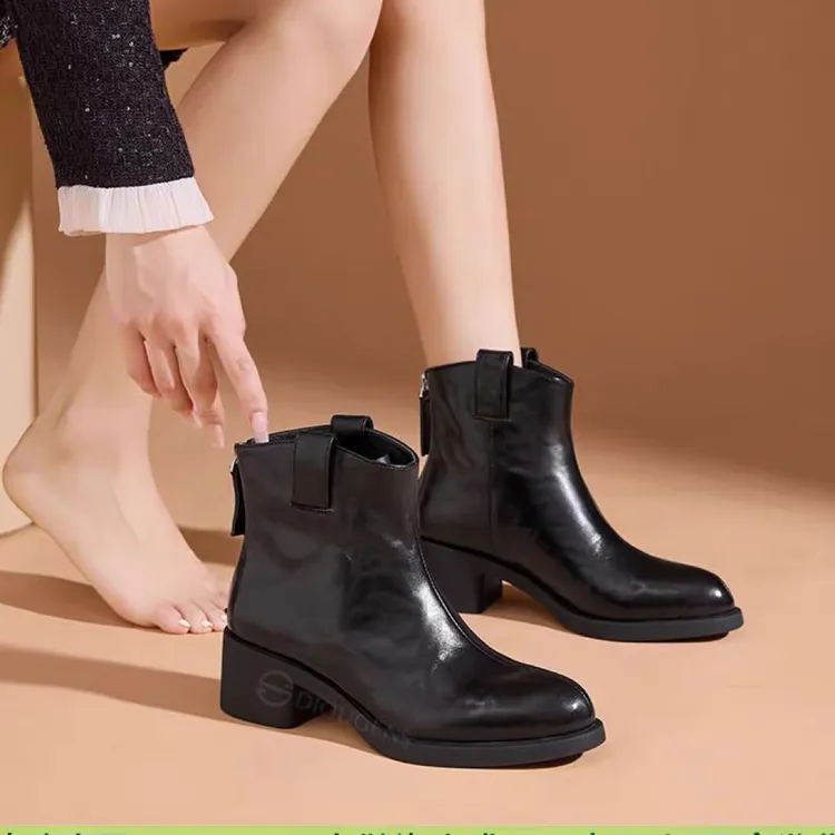 超软小羊皮瘦瘦靴女2025秋冬新款粗跟切尔西靴短筒黑色真皮短靴子