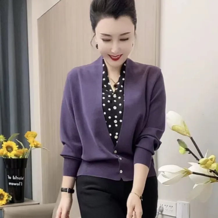 紫色长袖修身女针织开衫女宽松百搭针织衫上衣显瘦气质网红洋气