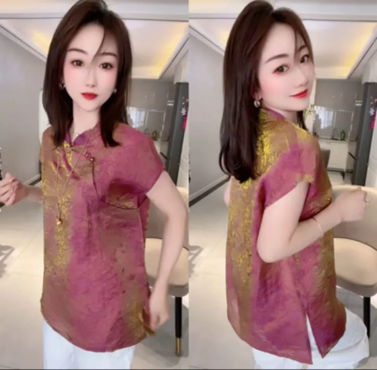 新中式国风女装2025新款小衫粉红色印花短袖衬衫盘扣立上衣