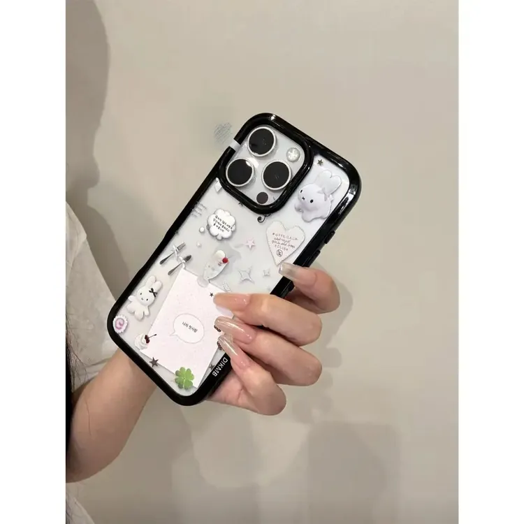 黑框碎花兔子手机壳适用苹果16promax/iPhone15pro14创意13卡通12