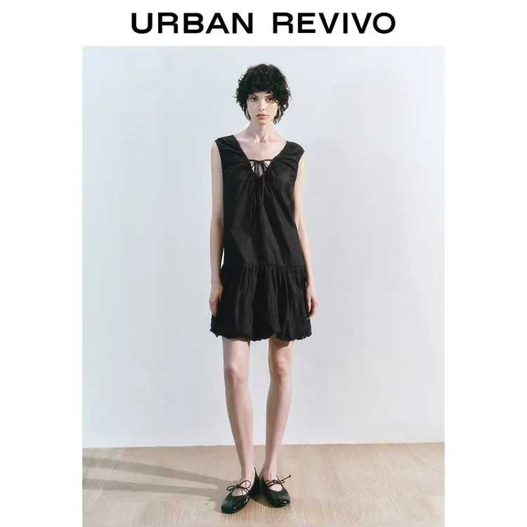 UR2025春季新款女装时尚休闲系带V领无袖花苞连衣裙UIY750006