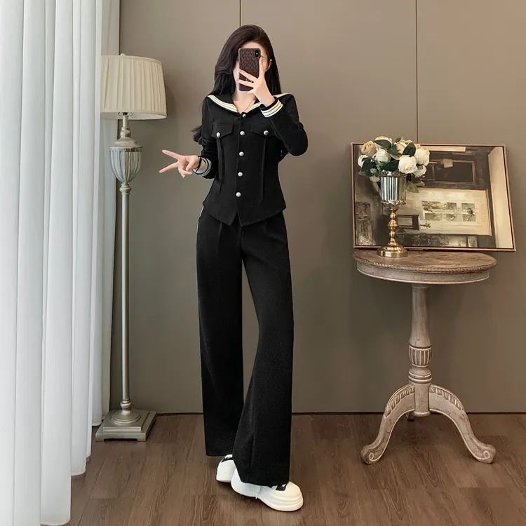 时尚休闲套装女新款秋季新款高级感穿搭一整套开衫上衣阔腿裤两件