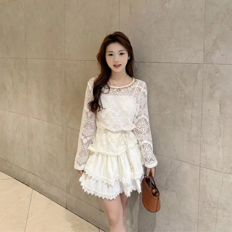小个子慵懒套头镂空防晒罩衫吊带背心蕾丝短裙气质洋气精致套装