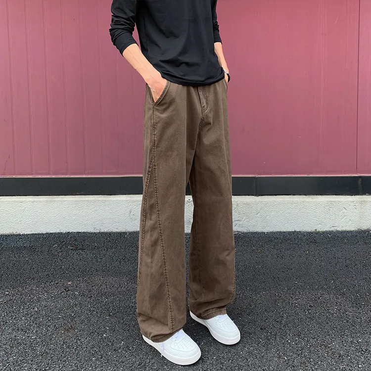 咖色美拉德牛仔裤男士冬季新款加绒美式复古直筒纯棉微喇弯刀裤子