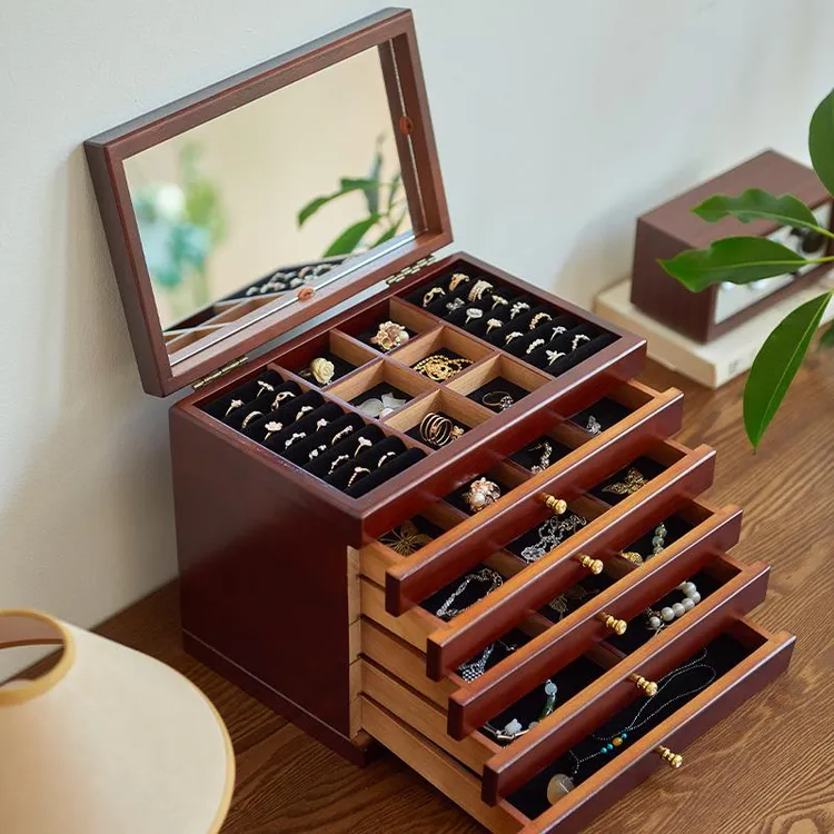 实木首饰盒高档精致木质收纳复古多层抽屉大容大容量实木首饰盒