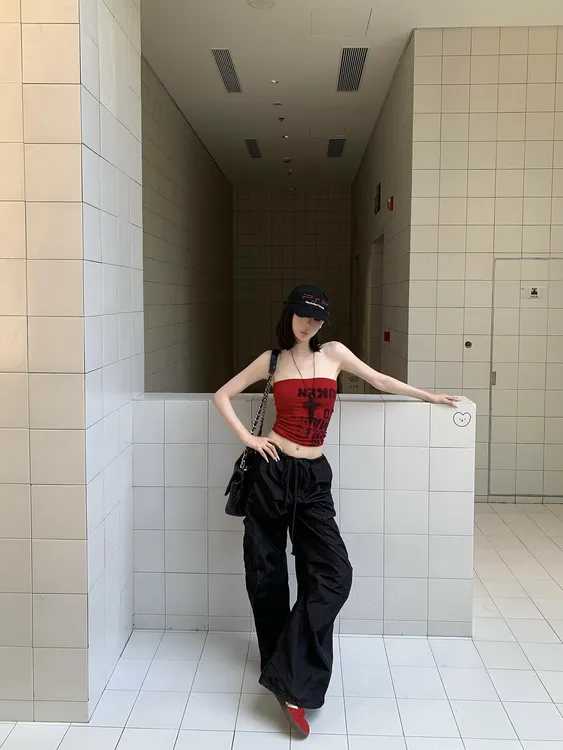 美式复古性感美背修身印花抹胸背心辣妹上衣宽松显瘦抽绳工装裤女