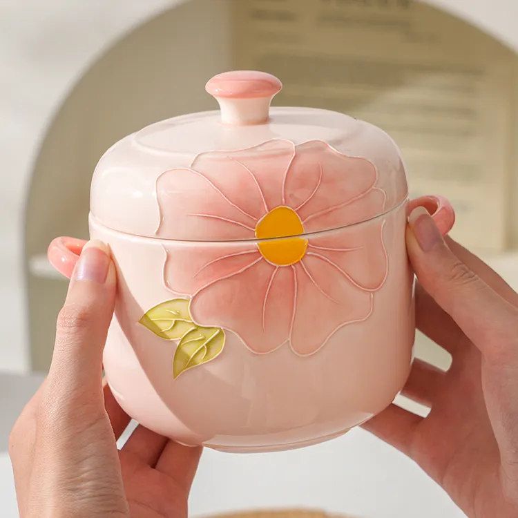 【清晨物语】650毫升大容量陶瓷精致炖盅手绘浮雕高温釉下彩蒸蛋碗