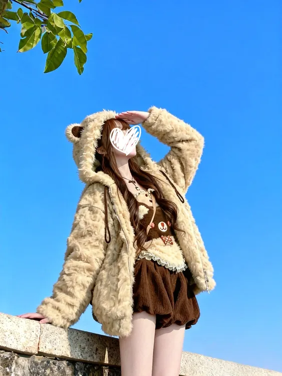 【萌熊出没】冬季甜美可爱萌系小熊设计甜美外套长袖内搭背带裤套装