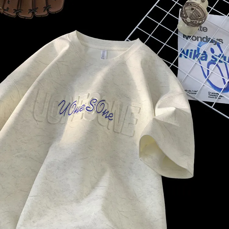 宽松半袖体恤美式潮牌重磅衣服字母钢印短袖T恤男款2025新款夏季