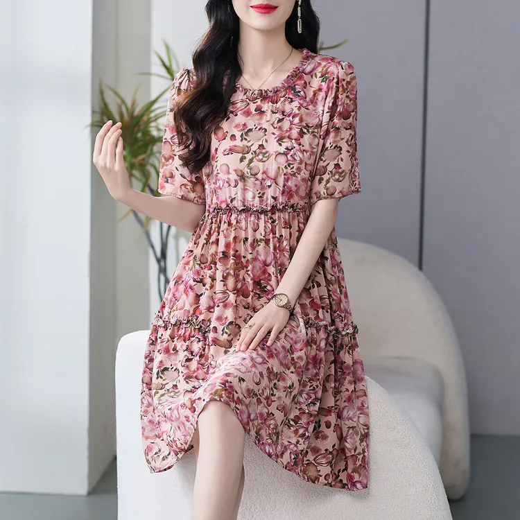 550 小个子2025巨好看的法式碎花真丝连衣裙女夏新款高端桑蚕丝裙
